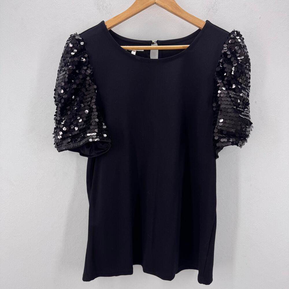 NWT Maurices Black Puff Sleeve Blouse Sequin Embellishments sz L Glams Neutral